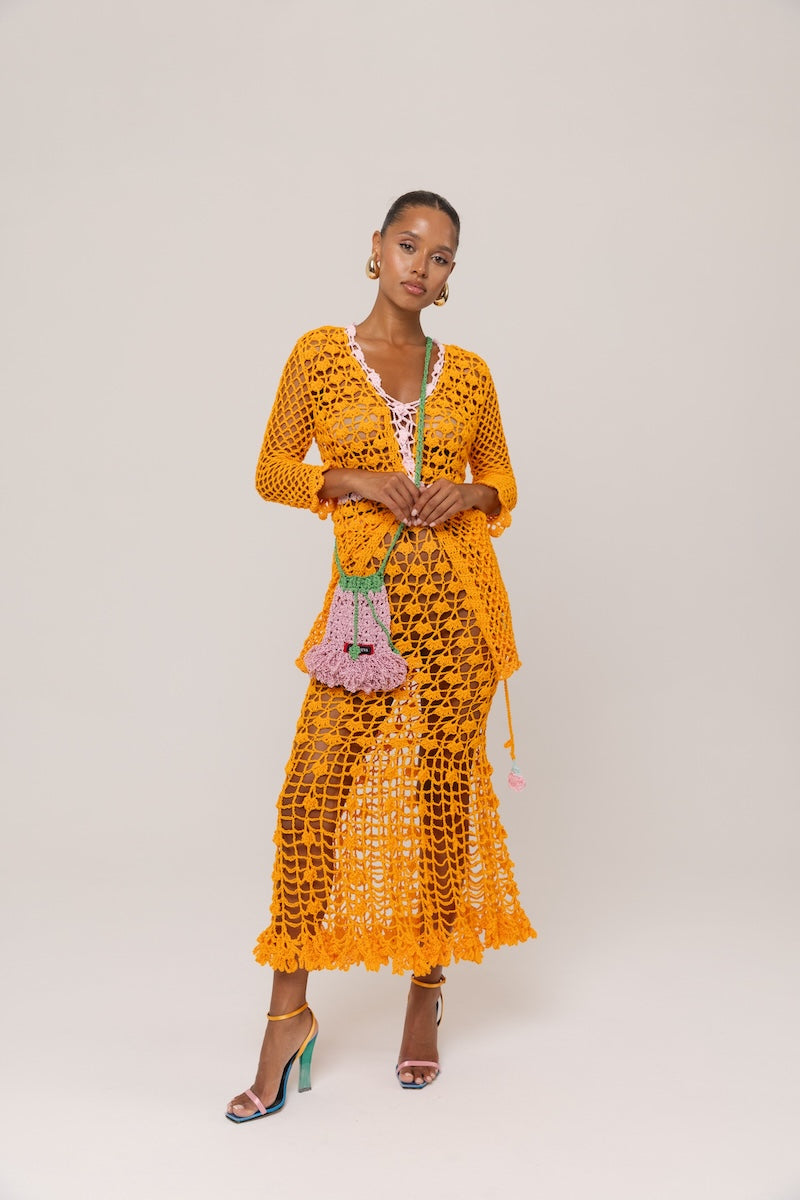 ANDREEVA - California Poppy Orange Handmade Crochet Midi Skirt, buy at DOORS NYC