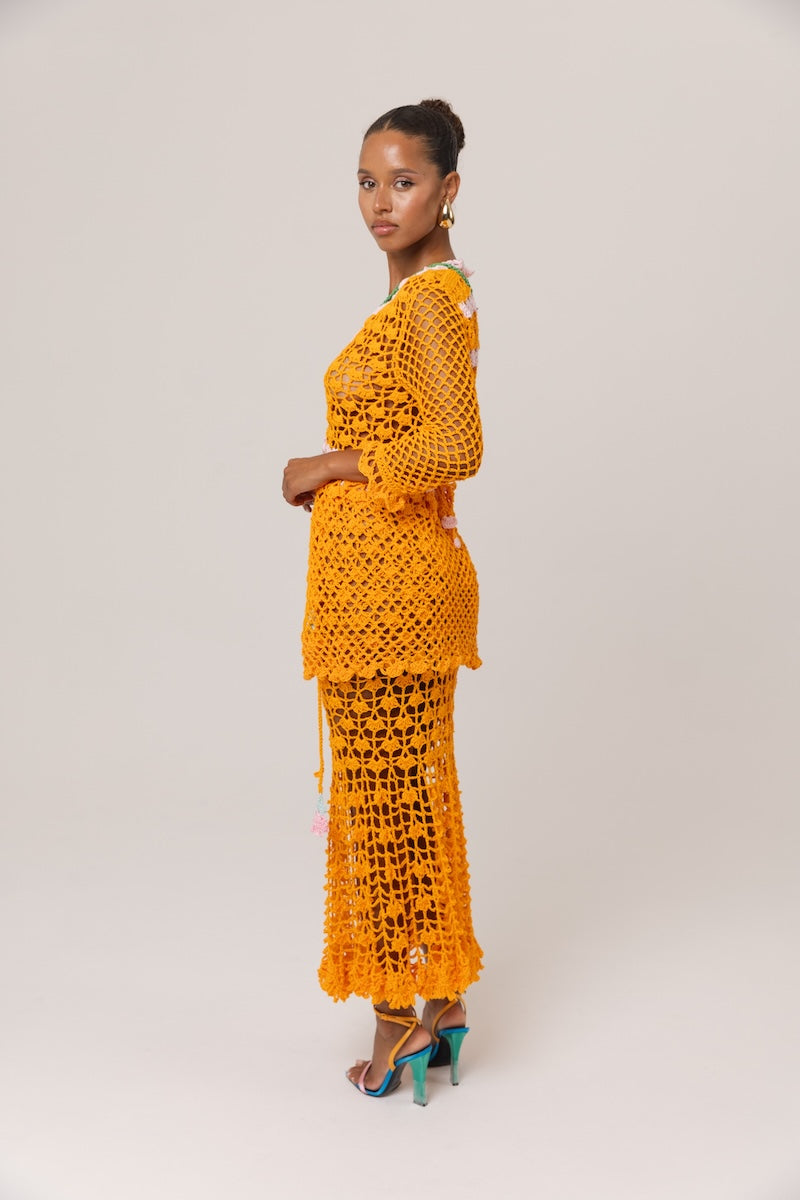 ANDREEVA - California Poppy Orange Handmade Crochet Midi Skirt, buy at DOORS NYC