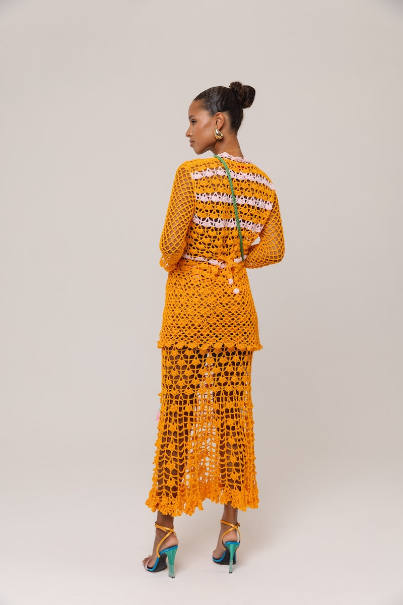 ANDREEVA - California Poppy Orange Handmade Crochet Midi Skirt, buy at DOORS NYC