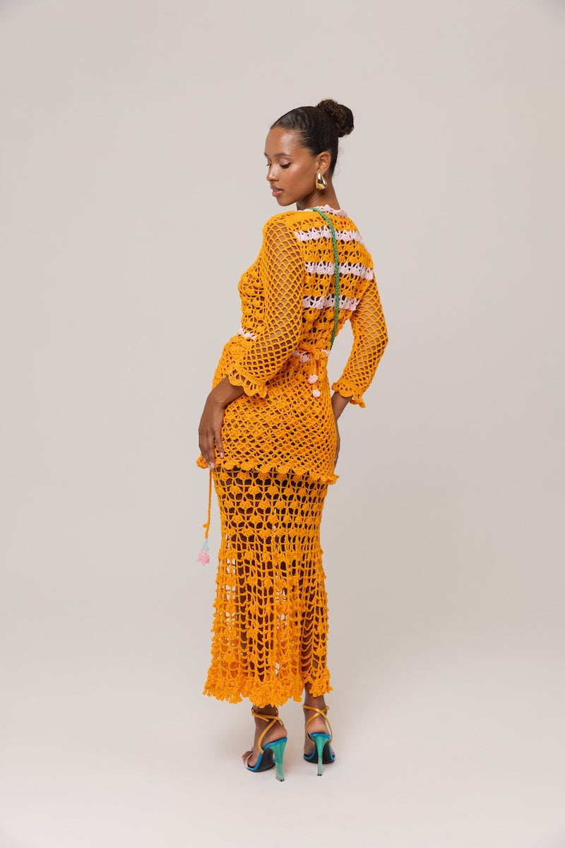 ANDREEVA - California Poppy Orange Handmade Crochet Midi Skirt, buy at DOORS NYC