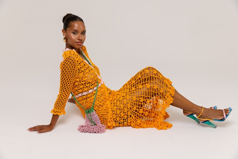 ANDREEVA - California Poppy Orange Handmade Crochet Midi Skirt, buy at DOORS NYC