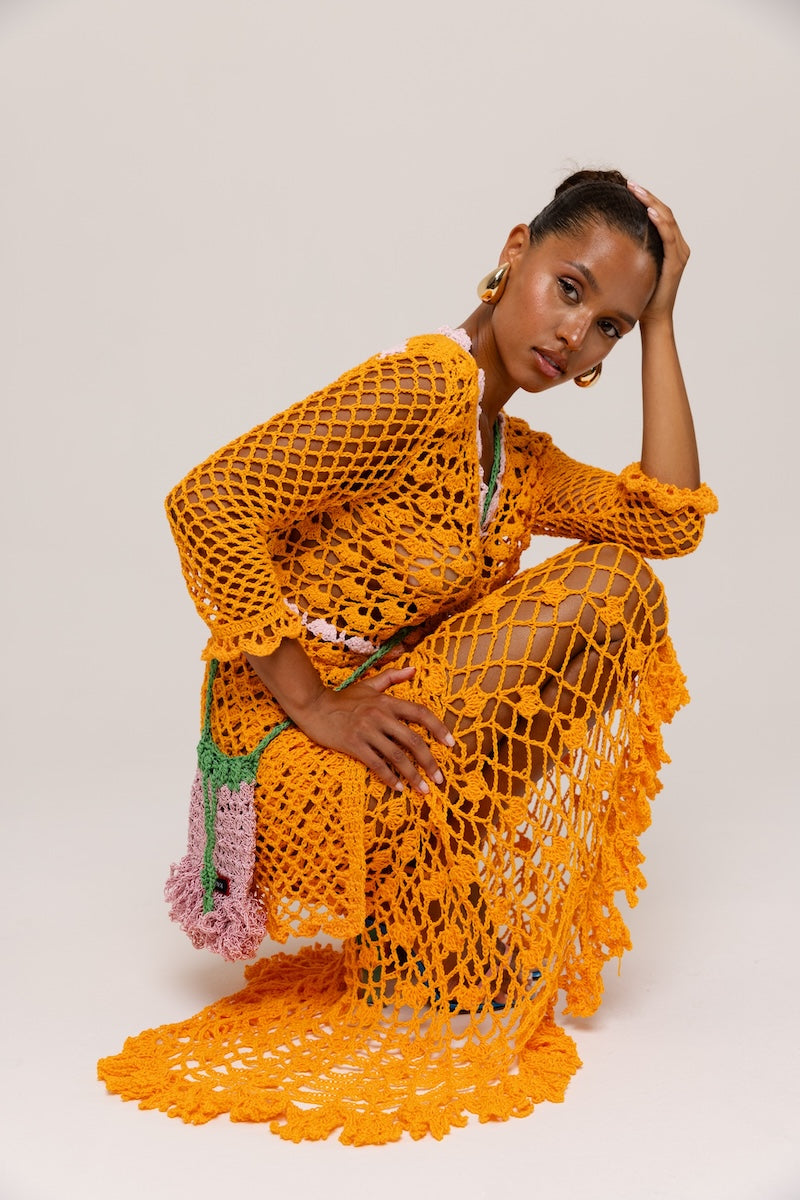 ANDREEVA - California Poppy Orange Handmade Crochet Midi Skirt, buy at DOORS NYC