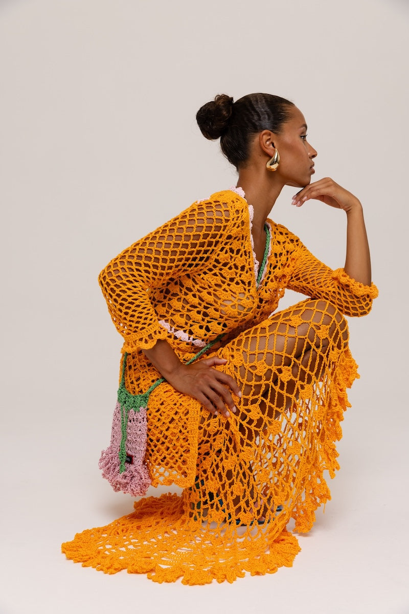 ANDREEVA - California Poppy Orange Handmade Crochet Midi Skirt, buy at DOORS NYC