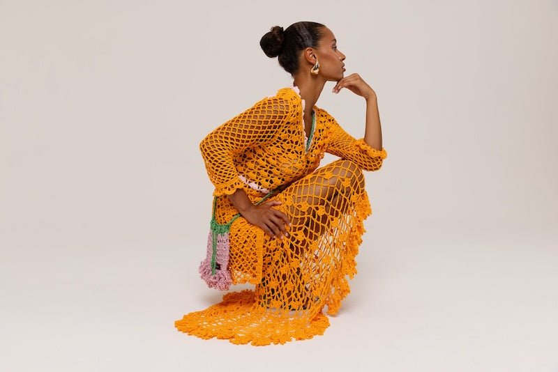 ANDREEVA - California Poppy Orange Handmade Crochet Midi Skirt, buy at DOORS NYC