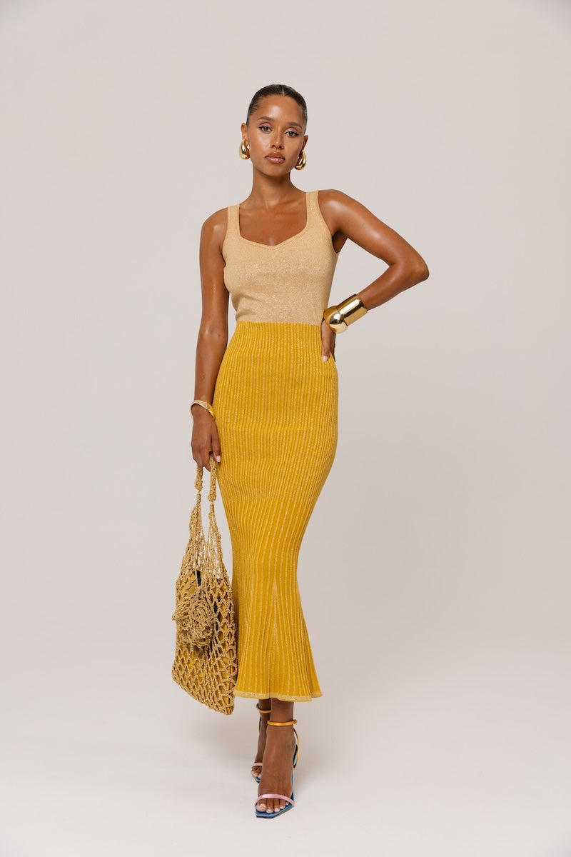 ANDREEVA - Golden Hour Metallic Knit Flared Dress, buy at DOORS NYC