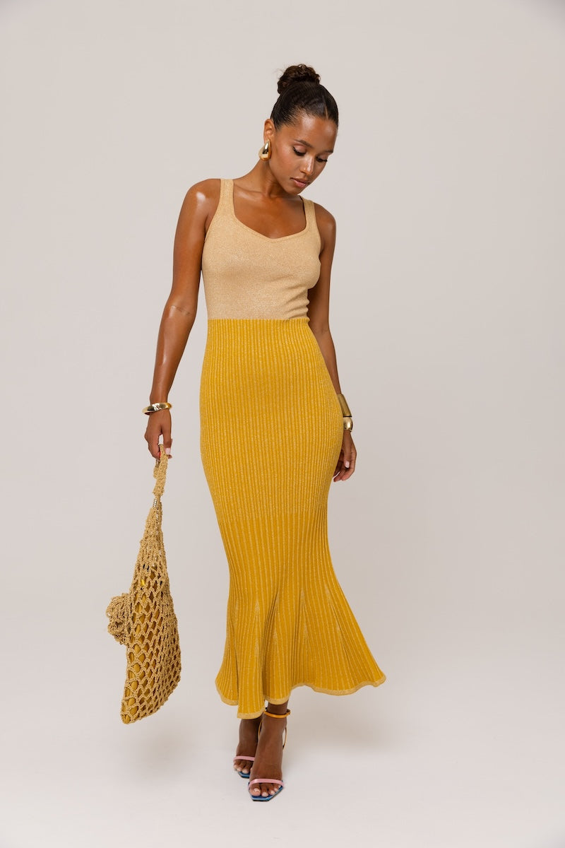 ANDREEVA - Golden Hour Metallic Knit Flared Dress, buy at DOORS NYC