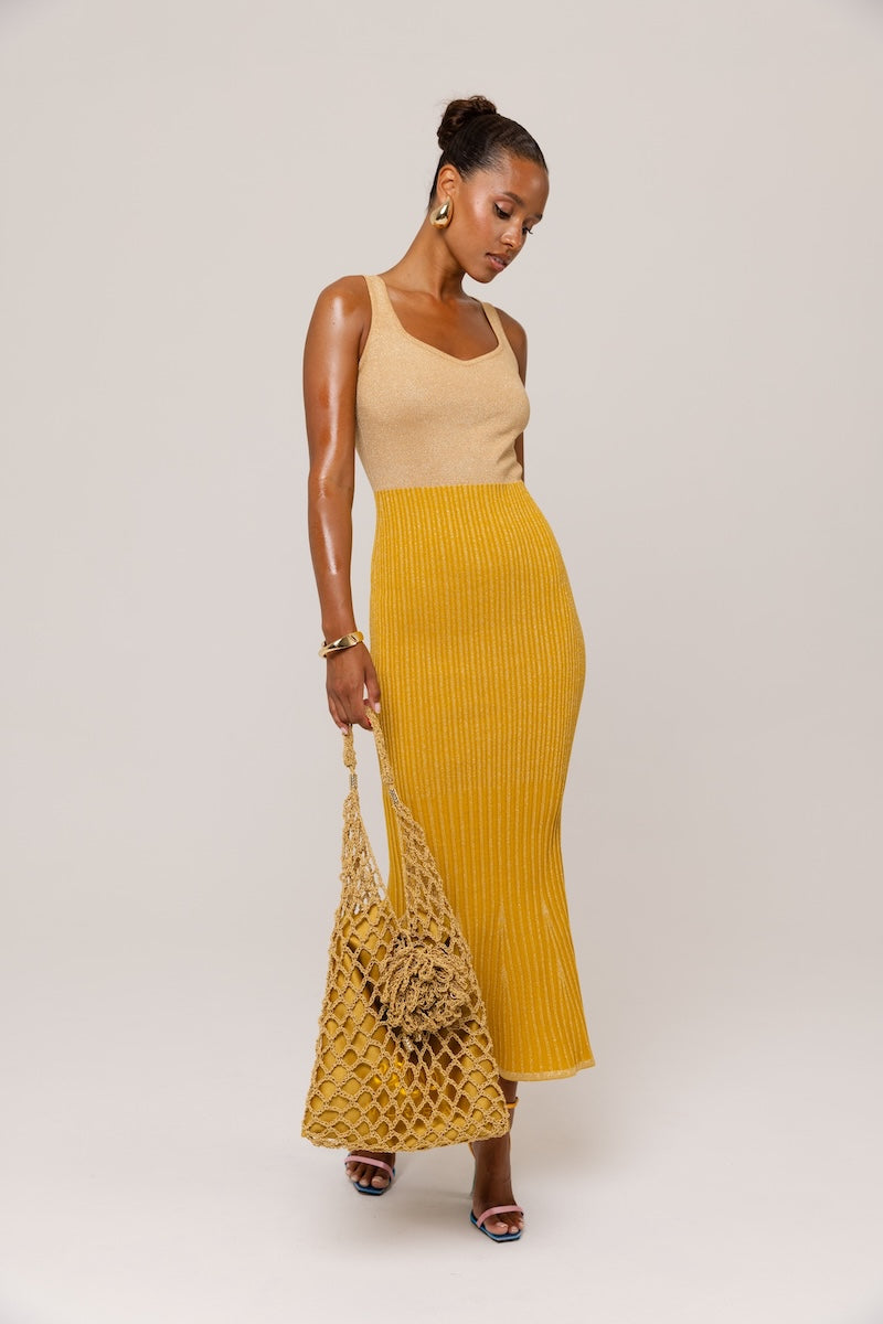 ANDREEVA - Golden Hour Metallic Knit Flared Dress, buy at DOORS NYC