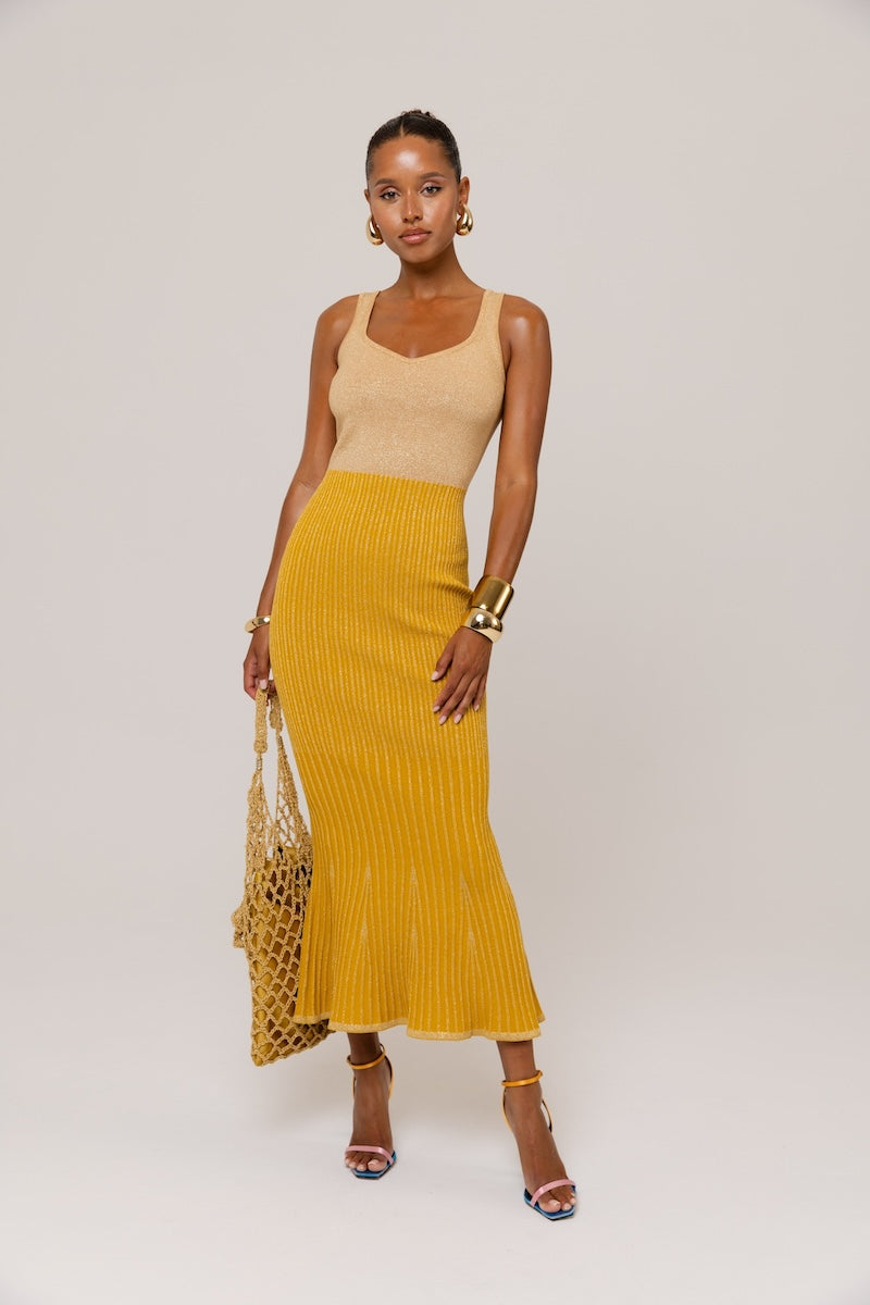 ANDREEVA - Golden Hour Metallic Knit Flared Dress, buy at DOORS NYC