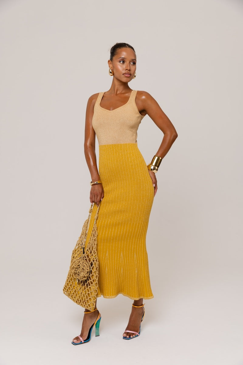 Golden Hour Metallic Knit Flared Dress