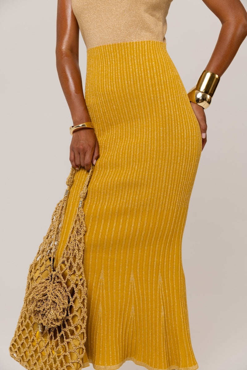 ANDREEVA - Golden Hour Metallic Knit Flared Dress, buy at DOORS NYC