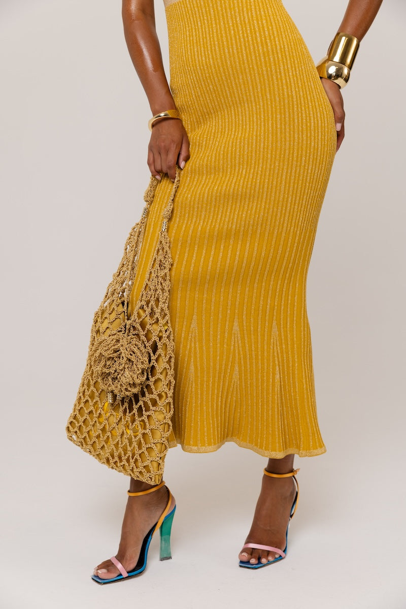 ANDREEVA - Golden Hour Metallic Knit Flared Dress, buy at DOORS NYC