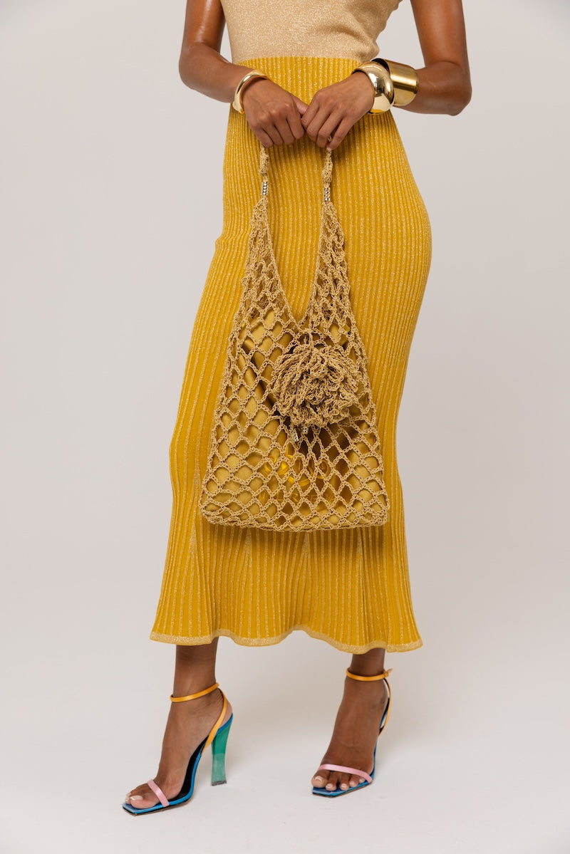 ANDREEVA - Golden Hour Metallic Knit Flared Dress, buy at DOORS NYC