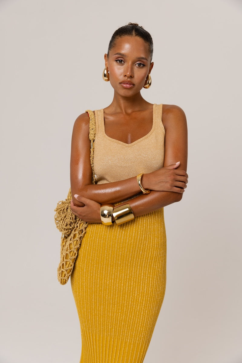 ANDREEVA - Golden Hour Metallic Knit Flared Dress, buy at DOORS NYC