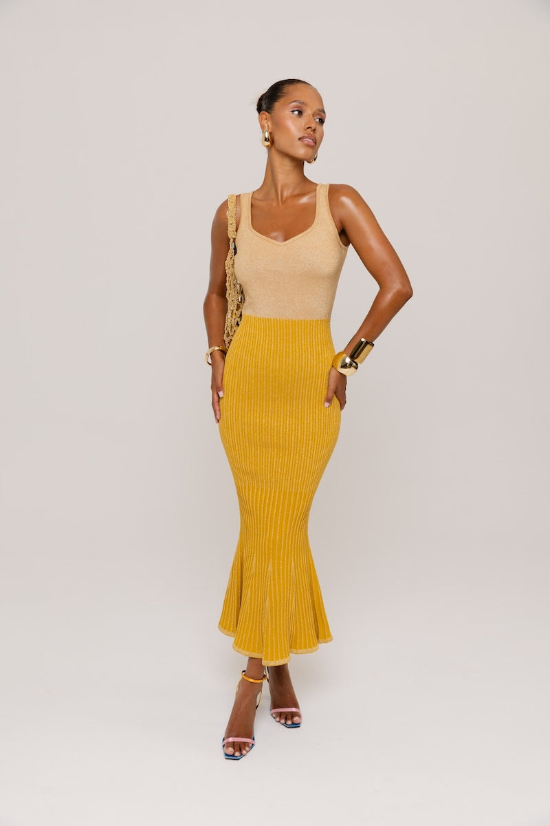 ANDREEVA - Golden Hour Metallic Knit Flared Dress, buy at DOORS NYC