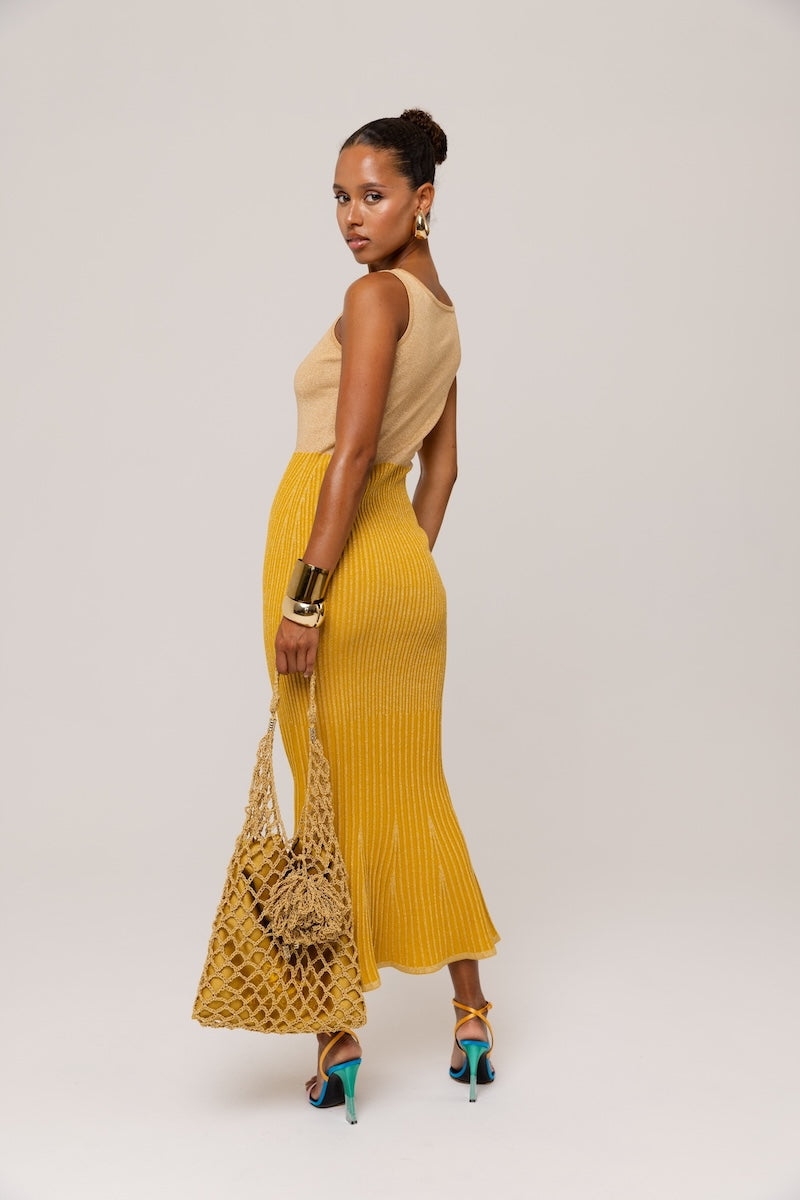 ANDREEVA - Golden Hour Metallic Knit Flared Dress, buy at DOORS NYC