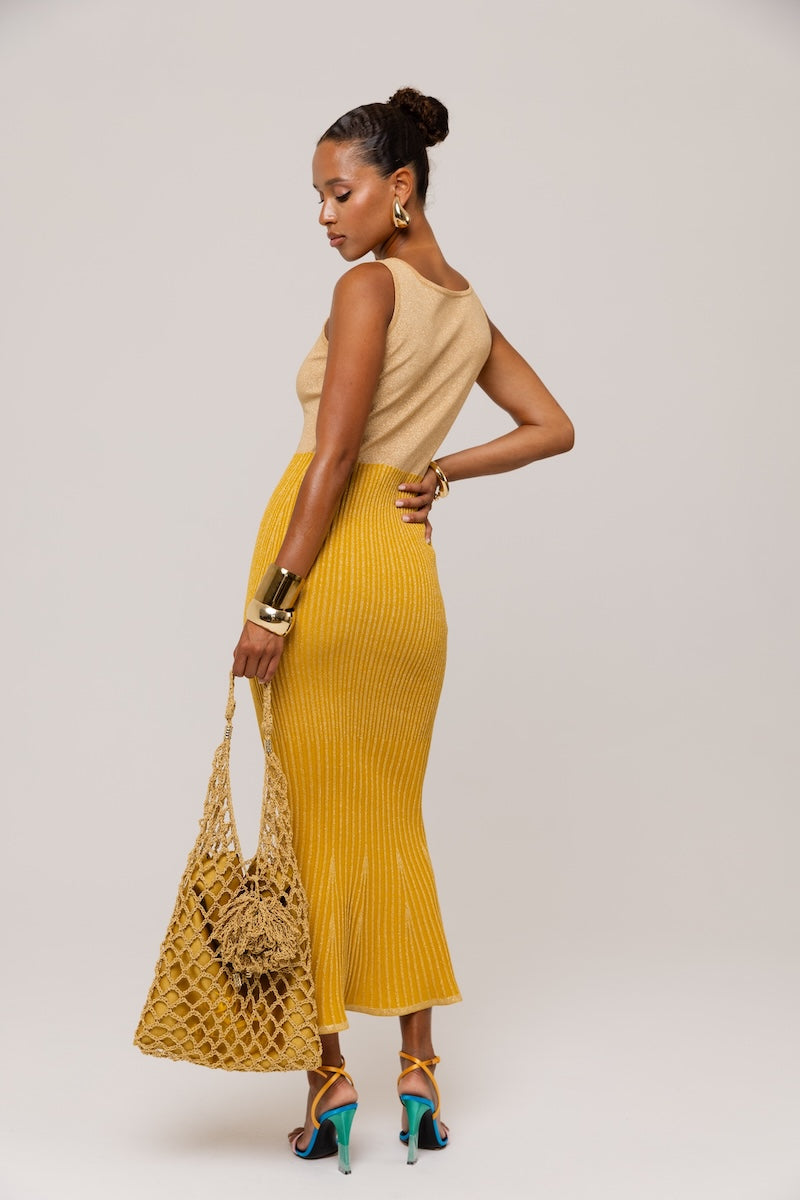 ANDREEVA - Golden Hour Metallic Knit Flared Dress, buy at DOORS NYC