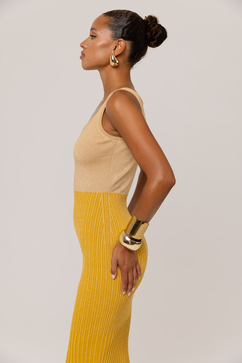 ANDREEVA - Golden Hour Metallic Knit Flared Dress, buy at DOORS NYC