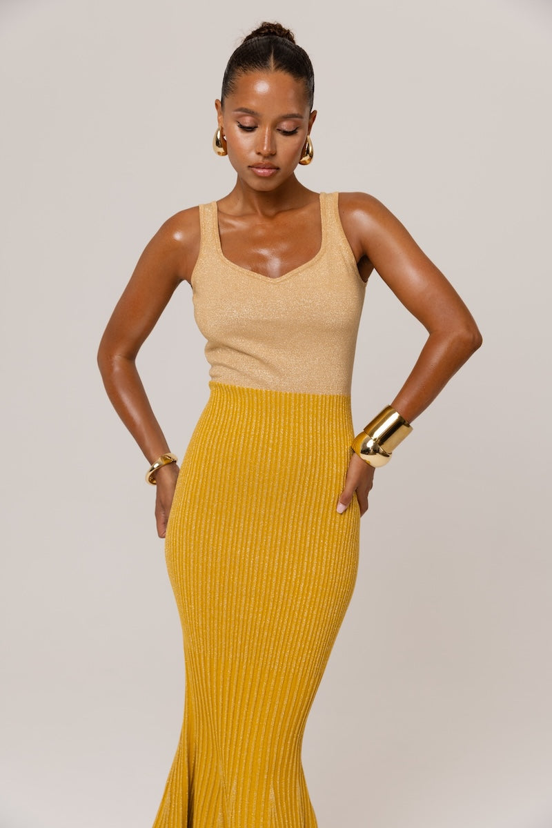 ANDREEVA - Golden Hour Metallic Knit Flared Dress, buy at DOORS NYC