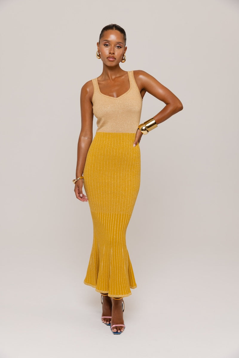 ANDREEVA - Golden Hour Metallic Knit Flared Dress, buy at DOORS NYC