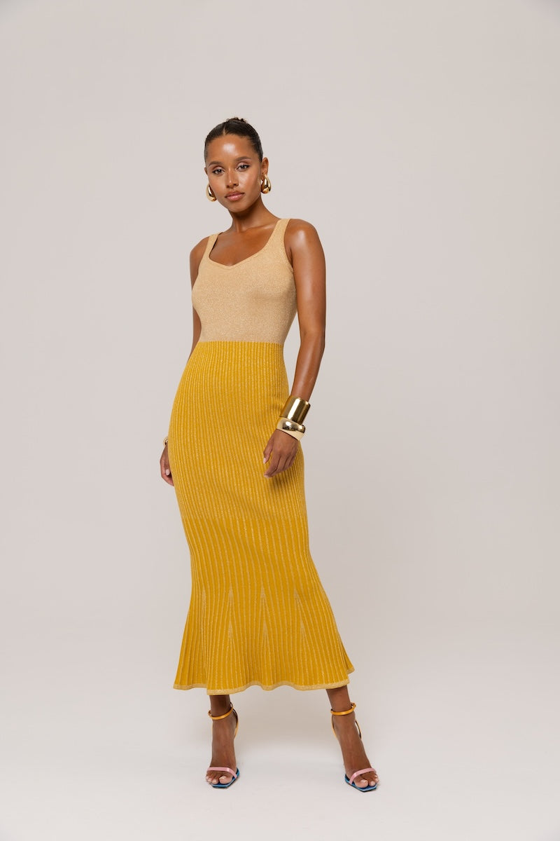 ANDREEVA - Golden Hour Metallic Knit Flared Dress, buy at DOORS NYC