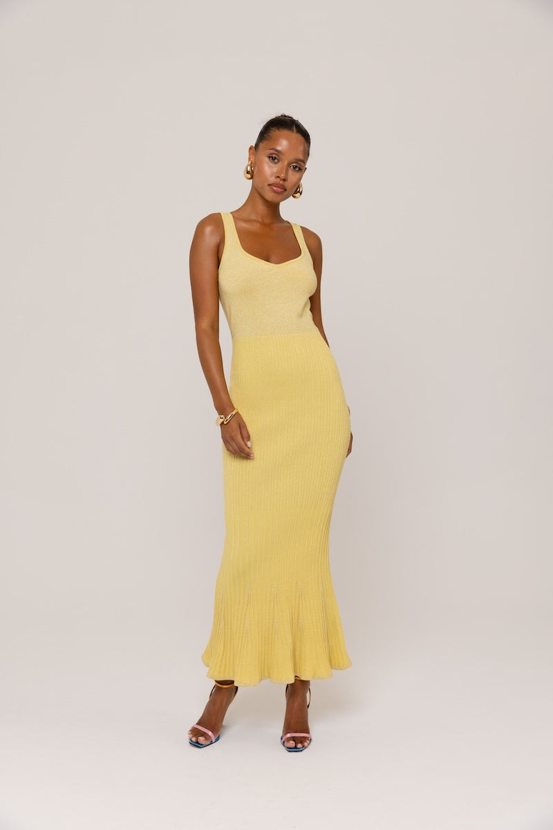 ANDREEVA - Butter Yellow Metallic Knit Dress with Flared Hem, buy at DOORS NYC