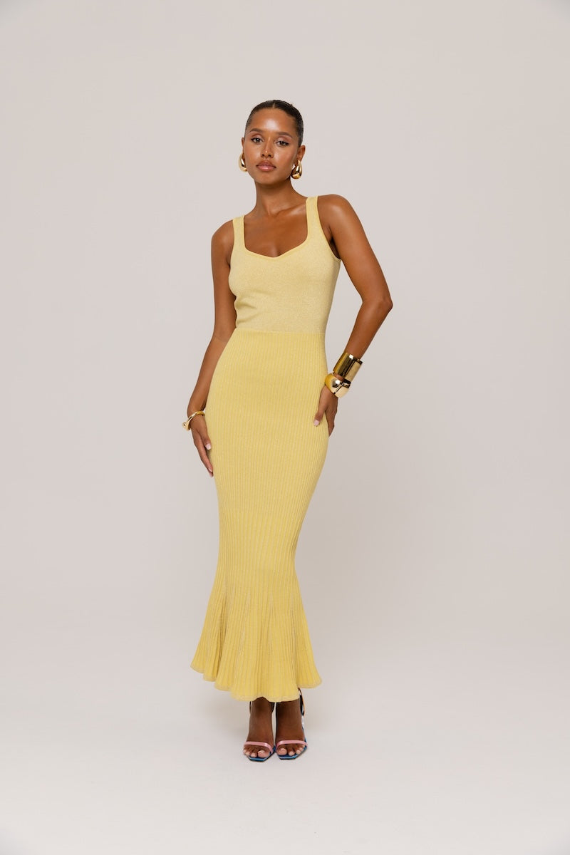 ANDREEVA - Butter Yellow Metallic Knit Dress with Flared Hem, buy at DOORS NYC