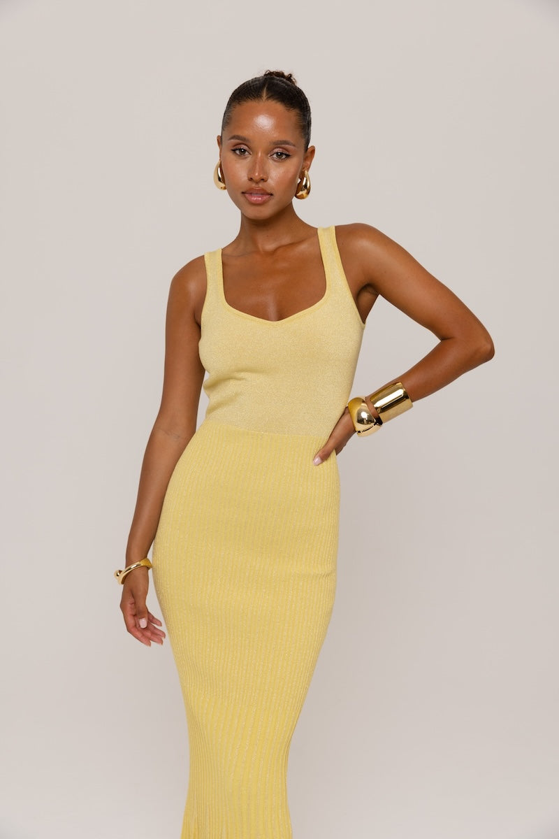 ANDREEVA - Butter Yellow Metallic Knit Dress with Flared Hem, buy at DOORS NYC