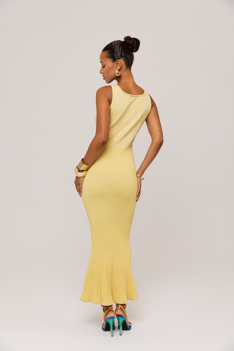 ANDREEVA - Butter Yellow Metallic Knit Dress with Flared Hem, buy at DOORS NYC