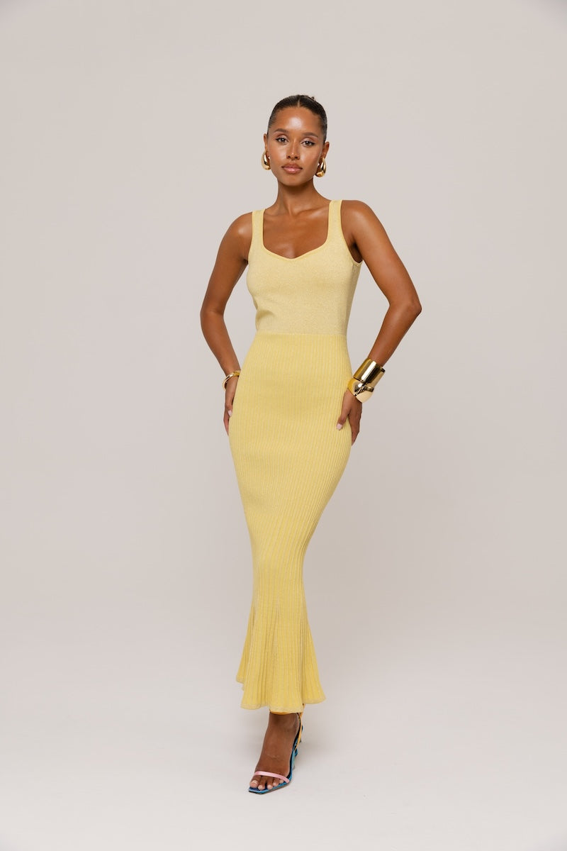 ANDREEVA - Butter Yellow Metallic Knit Dress with Flared Hem, buy at DOORS NYC