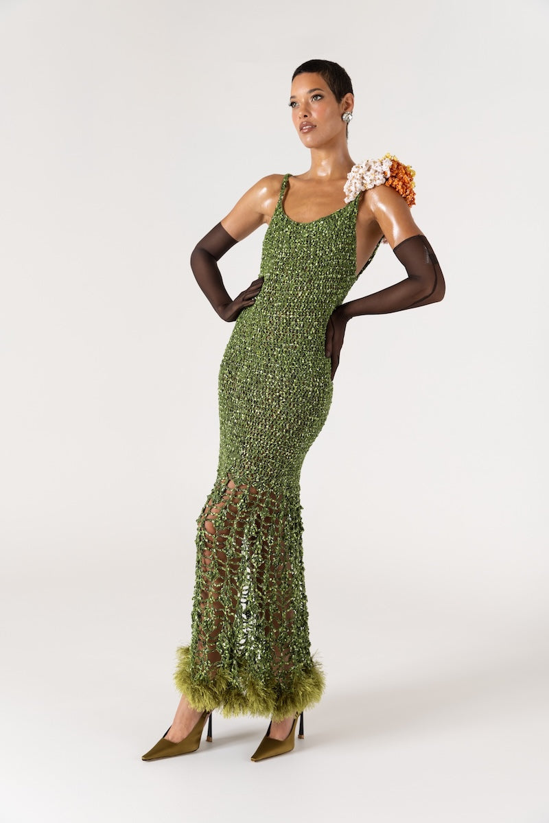 ANDREEVA - Chrysanthemum Green Handmade Maxi Crochet Dress with Open Back, buy at DOORS NYC
