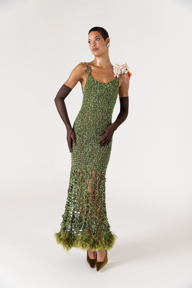 ANDREEVA - Chrysanthemum Green Handmade Maxi Crochet Dress with Open Back, buy at DOORS NYC
