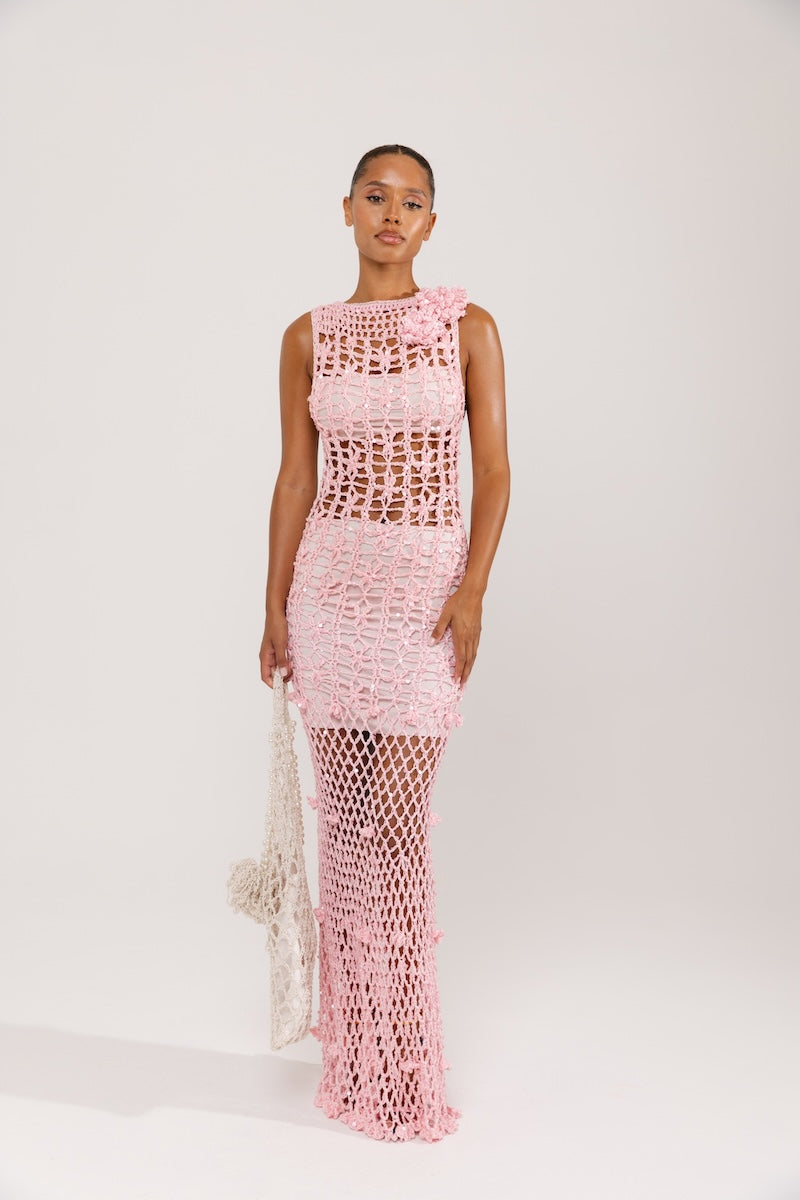 ANDREEVA - Pink Vanilla Handmade Maxi Crochet Dress, buy at DOORS NYC