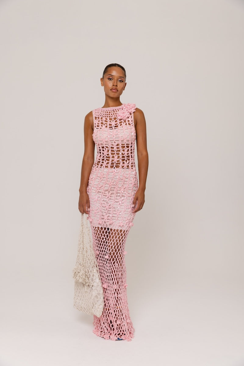 ANDREEVA - Pink Vanilla Handmade Maxi Crochet Dress, buy at DOORS NYC