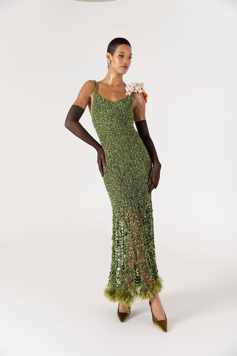 ANDREEVA - Chrysanthemum Green Handmade Maxi Crochet Dress with Open Back, buy at DOORS NYC