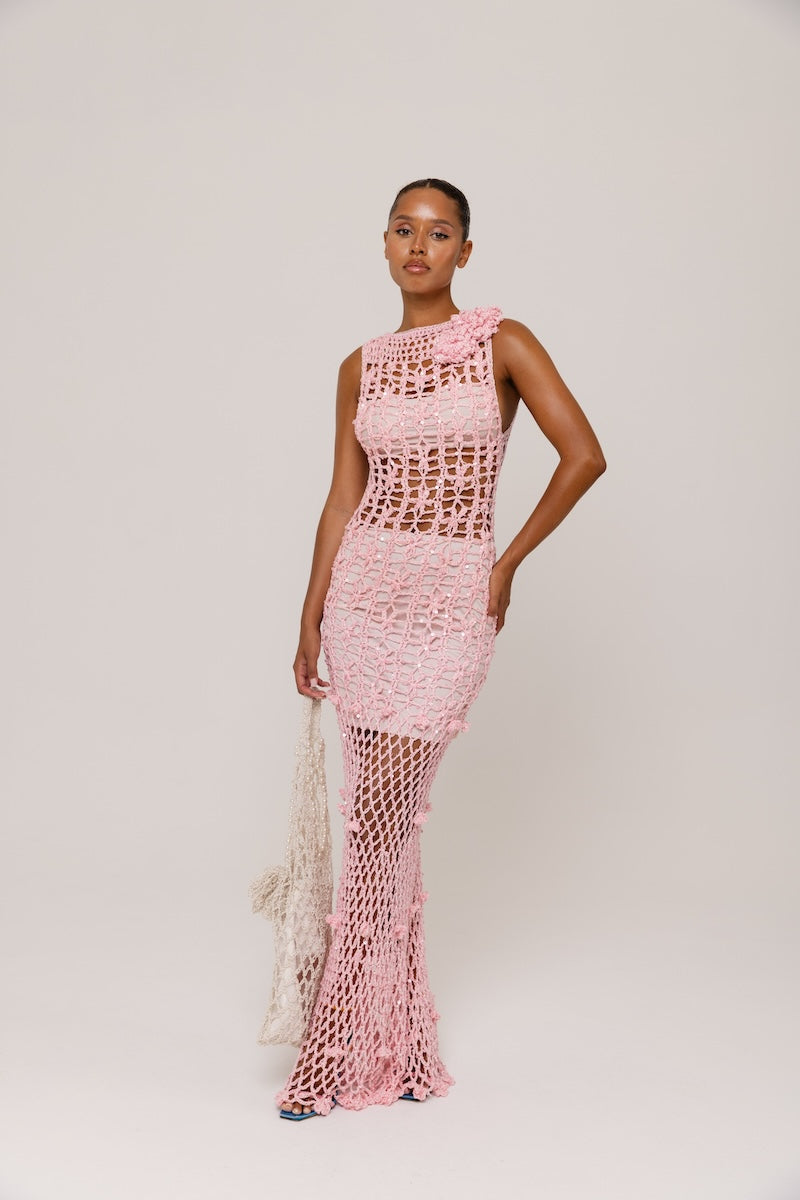 ANDREEVA - Pink Vanilla Handmade Maxi Crochet Dress, buy at DOORS NYC