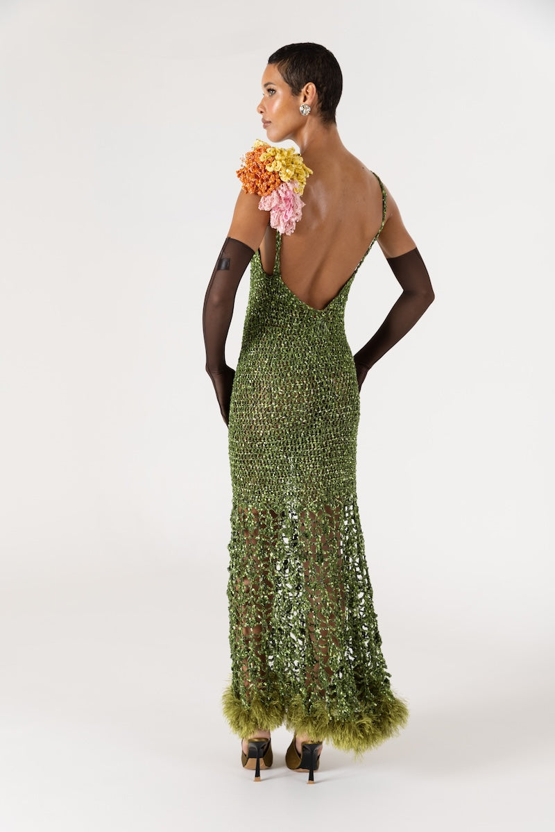 ANDREEVA - Chrysanthemum Green Handmade Maxi Crochet Dress with Open Back, buy at DOORS NYC