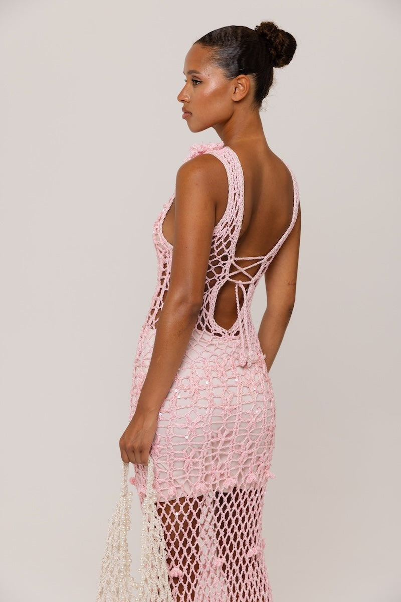 ANDREEVA - Pink Vanilla Handmade Maxi Crochet Dress, buy at DOORS NYC