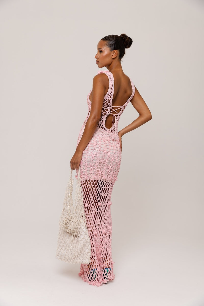 ANDREEVA - Pink Vanilla Handmade Maxi Crochet Dress, buy at DOORS NYC