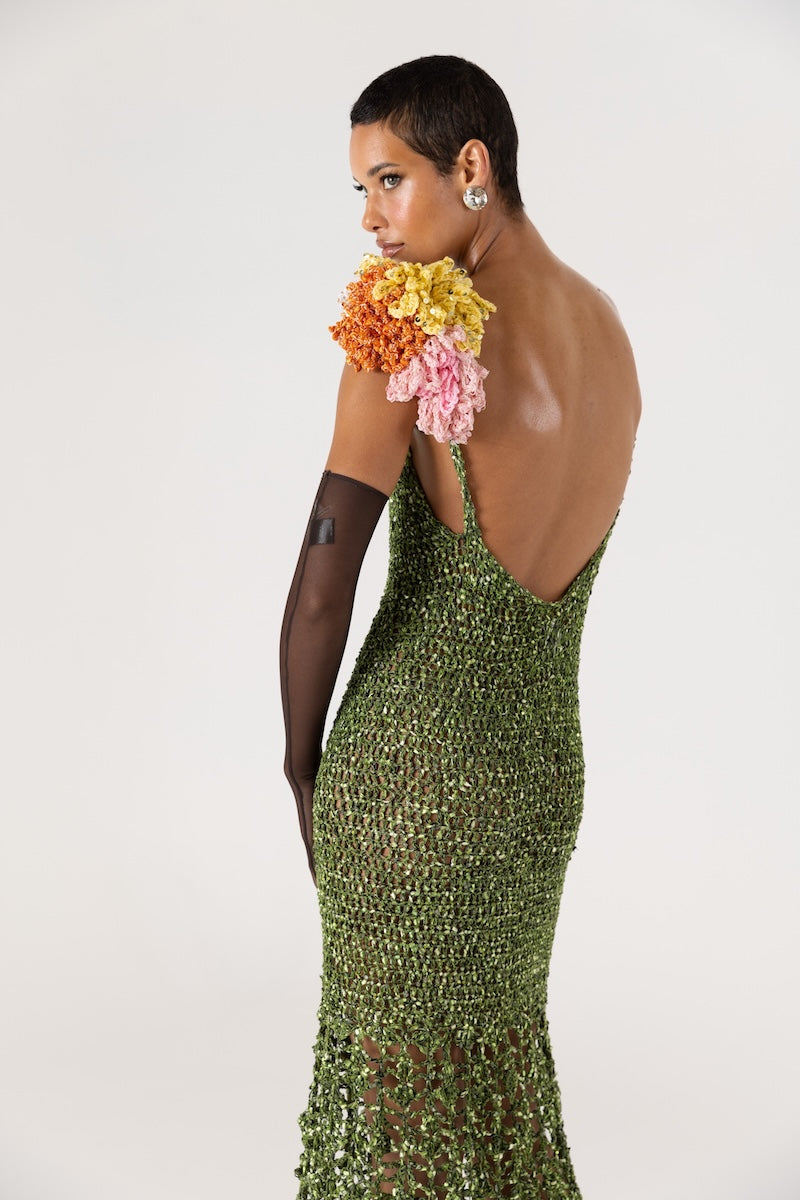 ANDREEVA - Chrysanthemum Green Handmade Maxi Crochet Dress with Open Back, buy at DOORS NYC