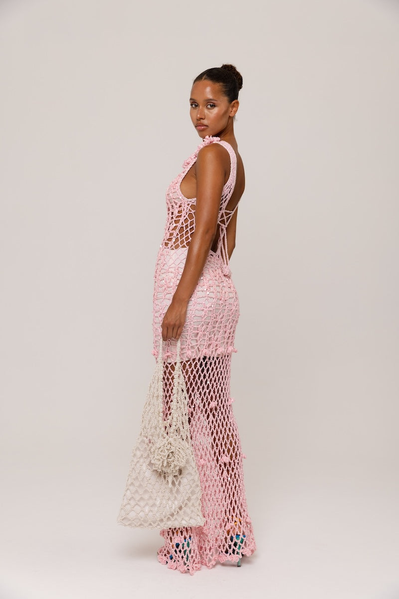 ANDREEVA - Pink Vanilla Handmade Maxi Crochet Dress, buy at DOORS NYC