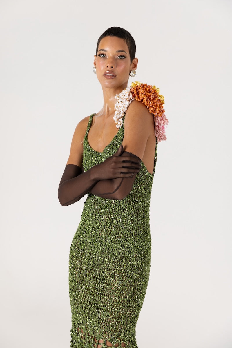 ANDREEVA - Chrysanthemum Green Handmade Maxi Crochet Dress with Open Back, buy at DOORS NYC