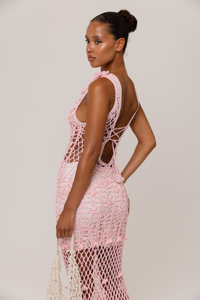 ANDREEVA - Pink Vanilla Handmade Maxi Crochet Dress, buy at DOORS NYC