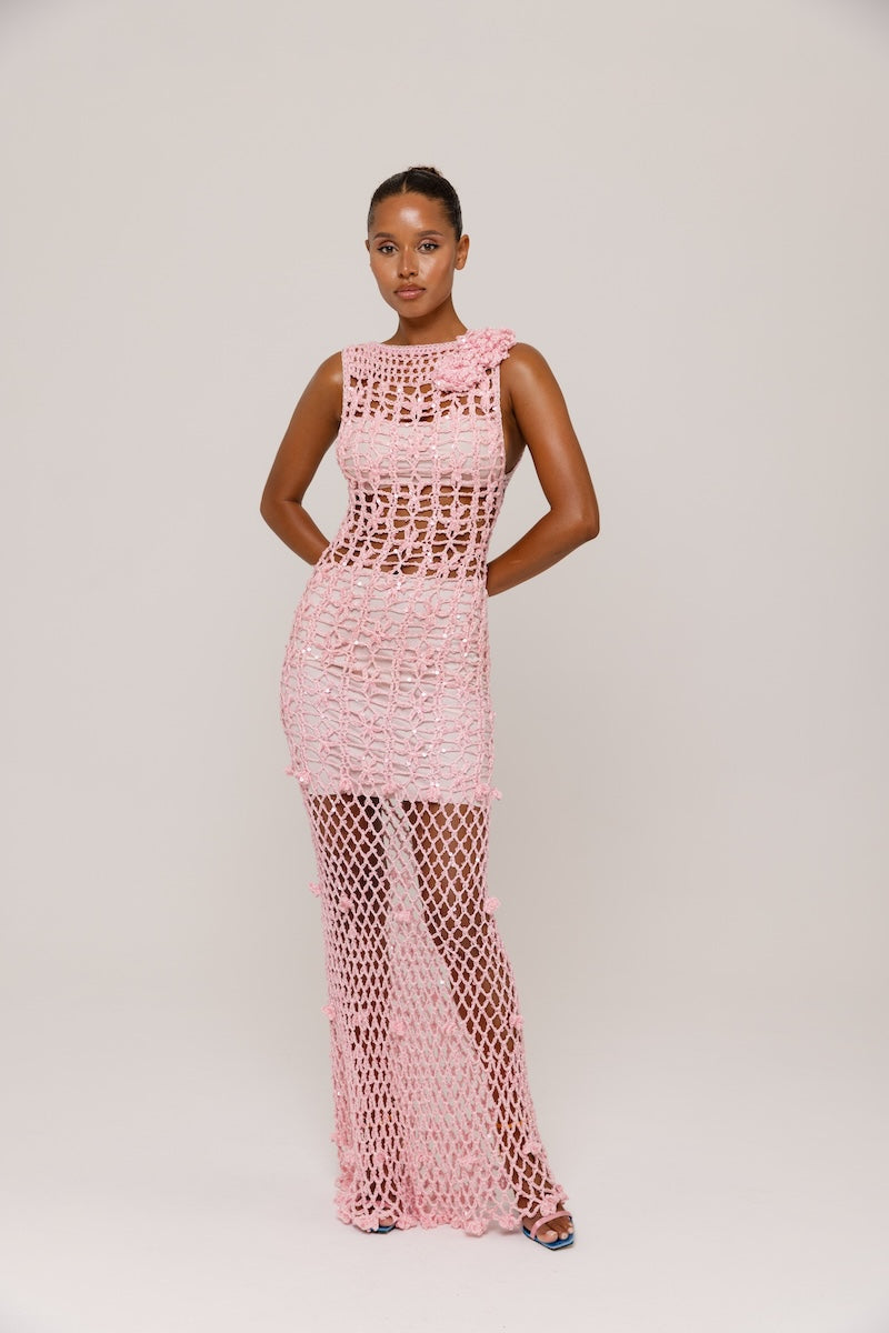 ANDREEVA - Pink Vanilla Handmade Maxi Crochet Dress, buy at DOORS NYC