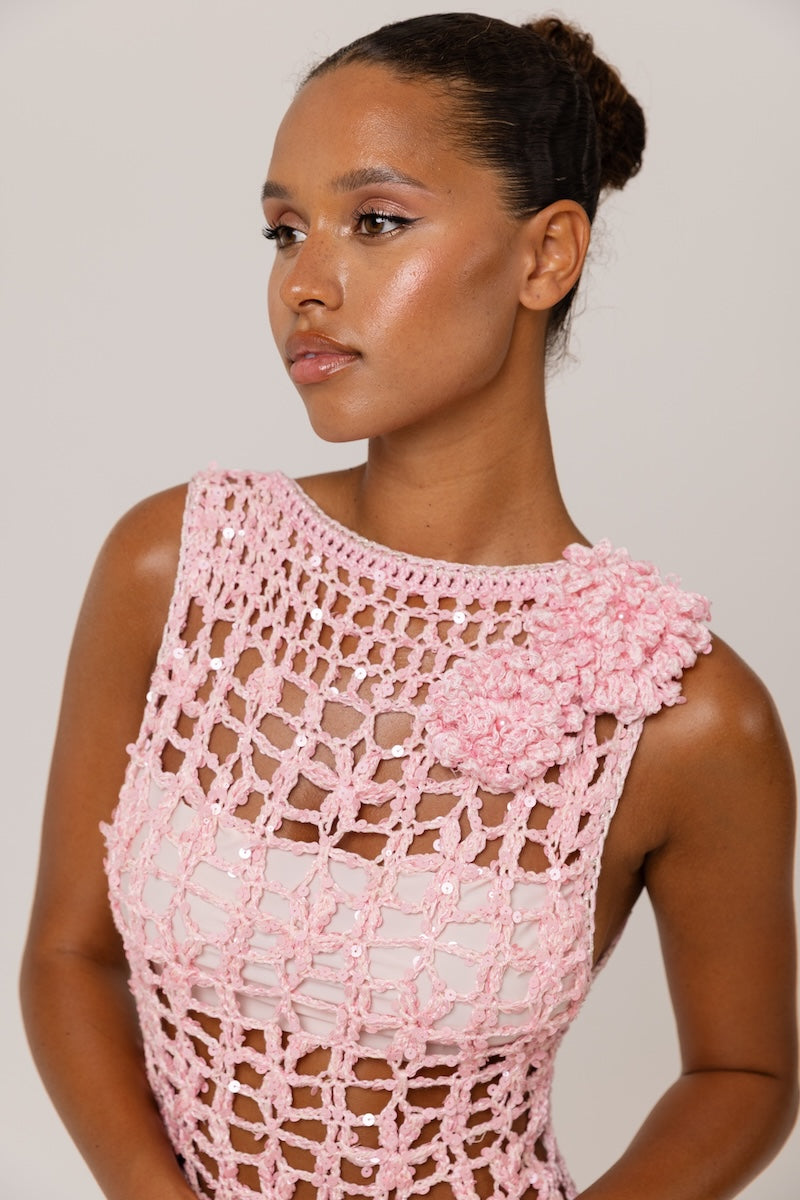 ANDREEVA - Pink Vanilla Handmade Maxi Crochet Dress, buy at DOORS NYC