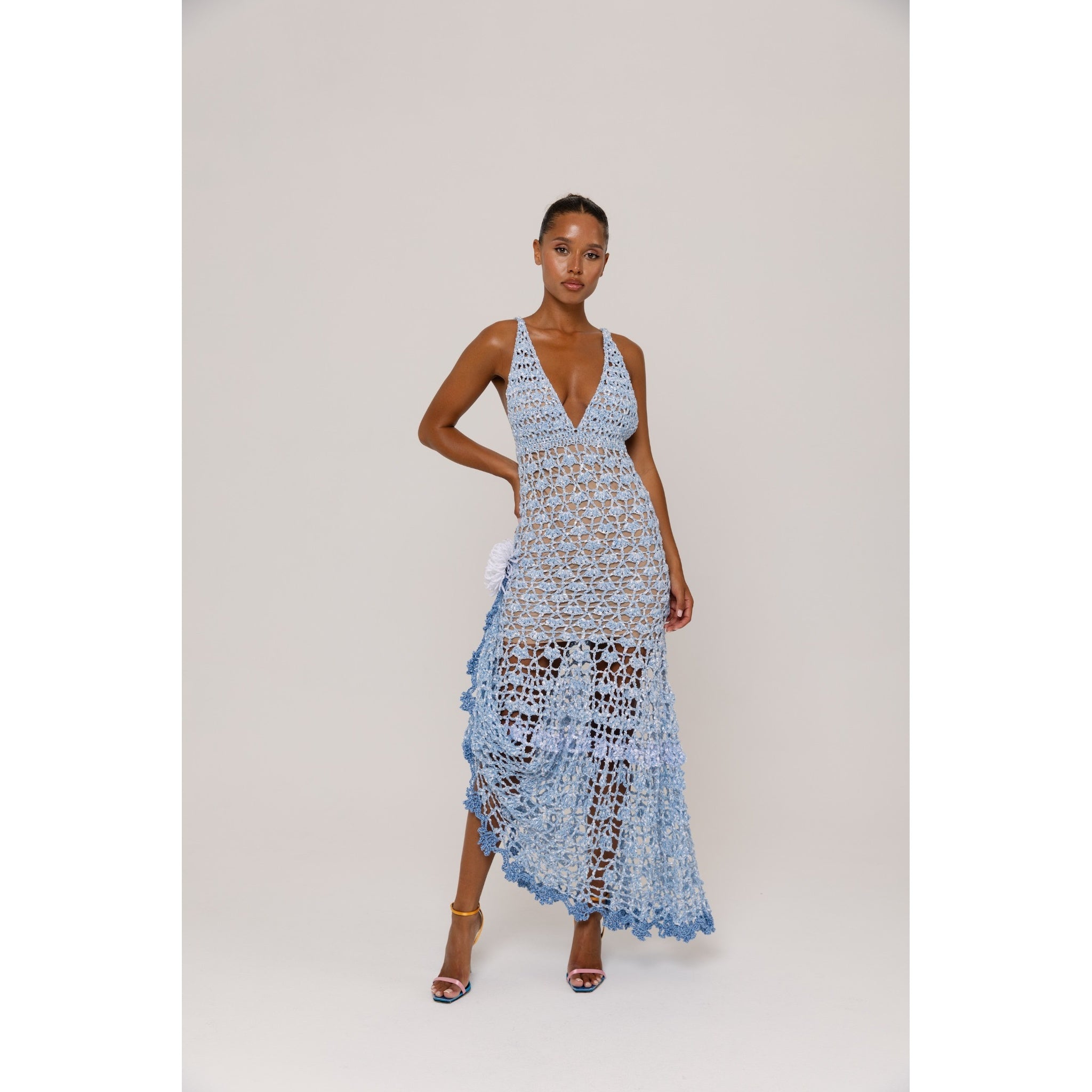 Metallic Blue Crochet Maxi Dress with Open Back