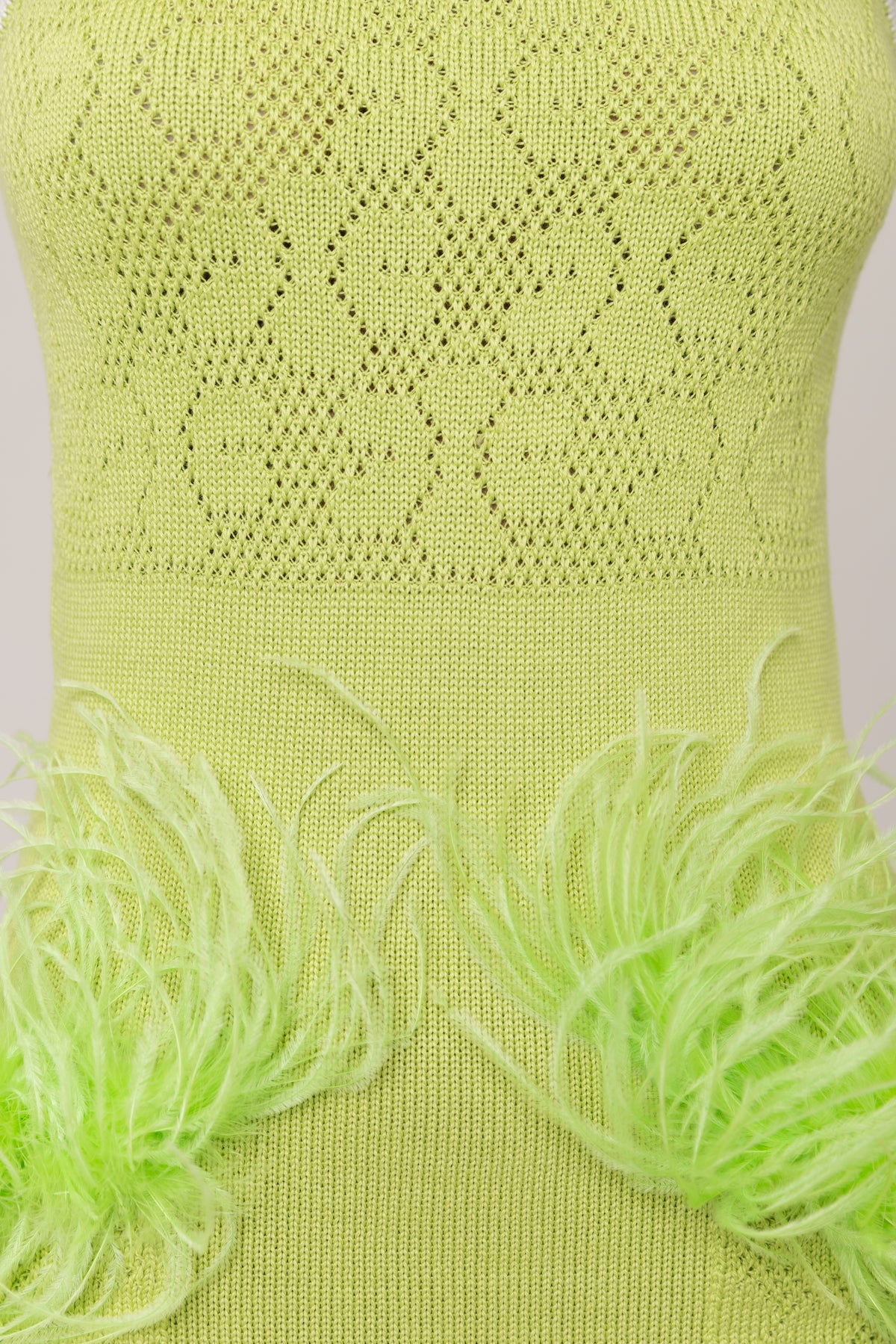 Apple Green Knit Midi Dress with Ostrich Feather Pockets