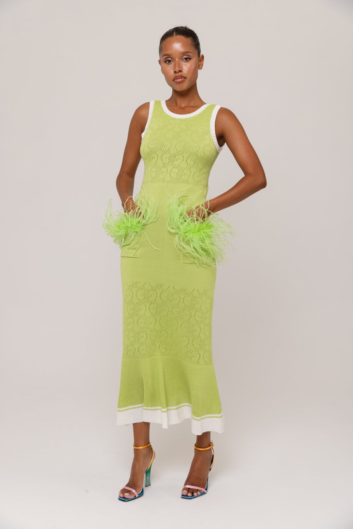 Apple Green Knit Midi Dress with Ostrich Feather Pockets