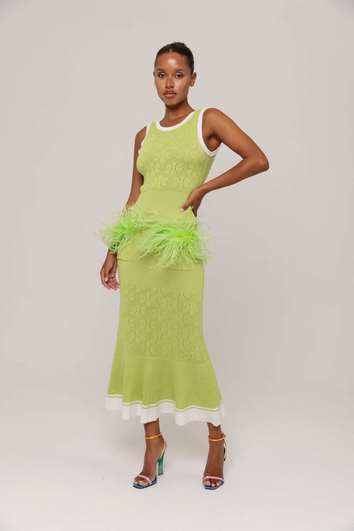 Apple Green Knit Midi Dress with Ostrich Feather Pockets