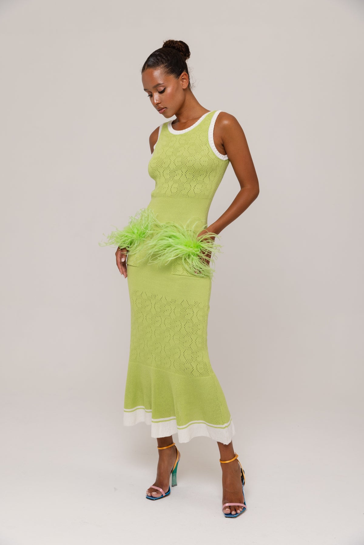 Apple Green Knit Midi Dress with Ostrich Feather Pockets
