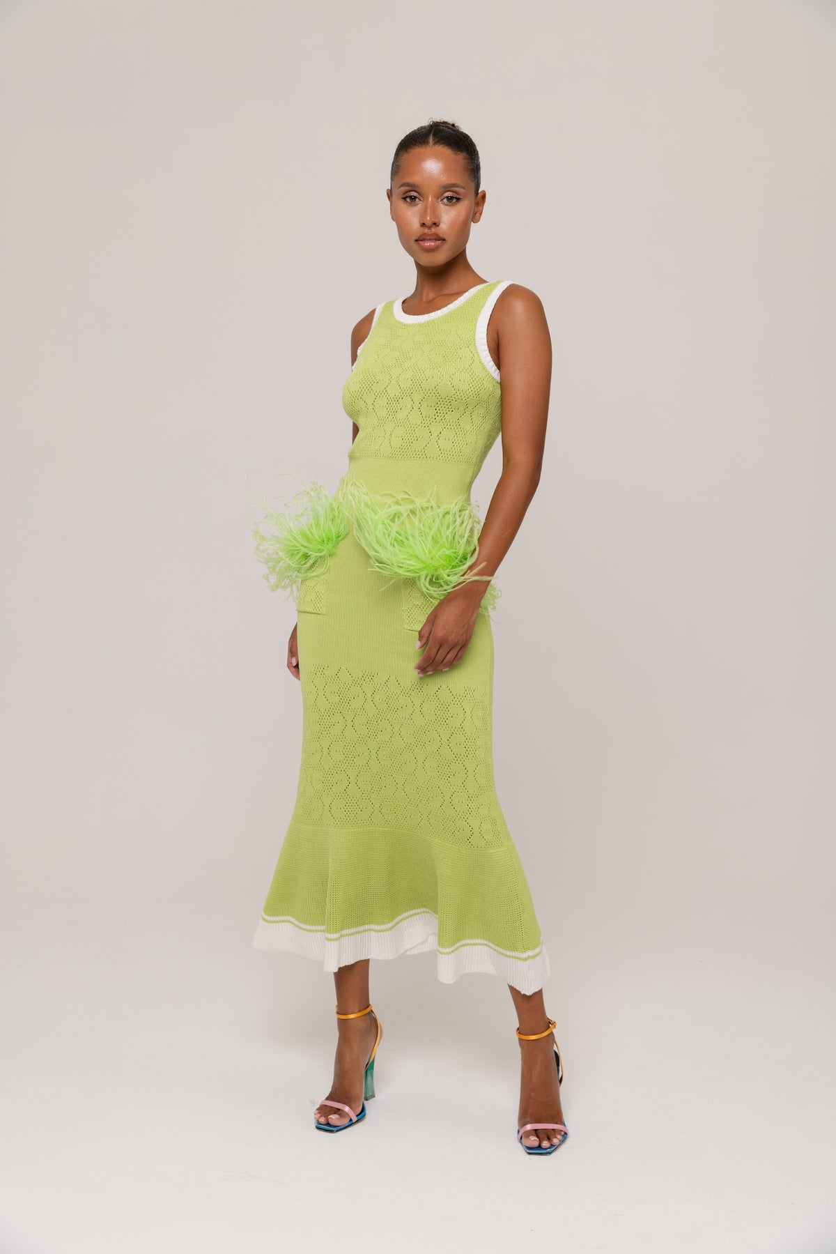 Apple Green Knit Midi Dress with Ostrich Feather Pockets